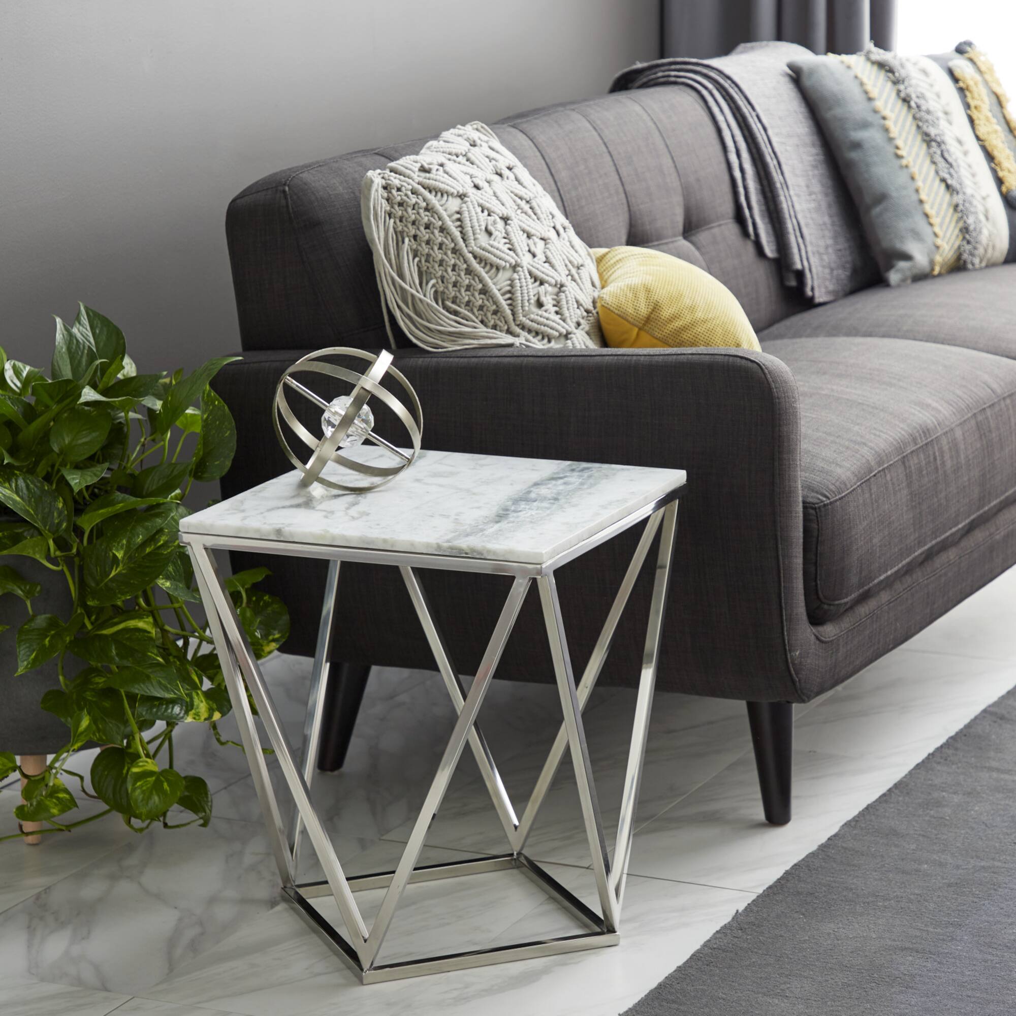 Silver Marble & Stainless Steel Modern Accent Table